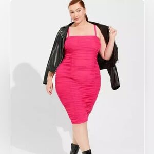 NWT Torrid Hot Pink Midi Mesh Shirred Bodycon Dress Size 2